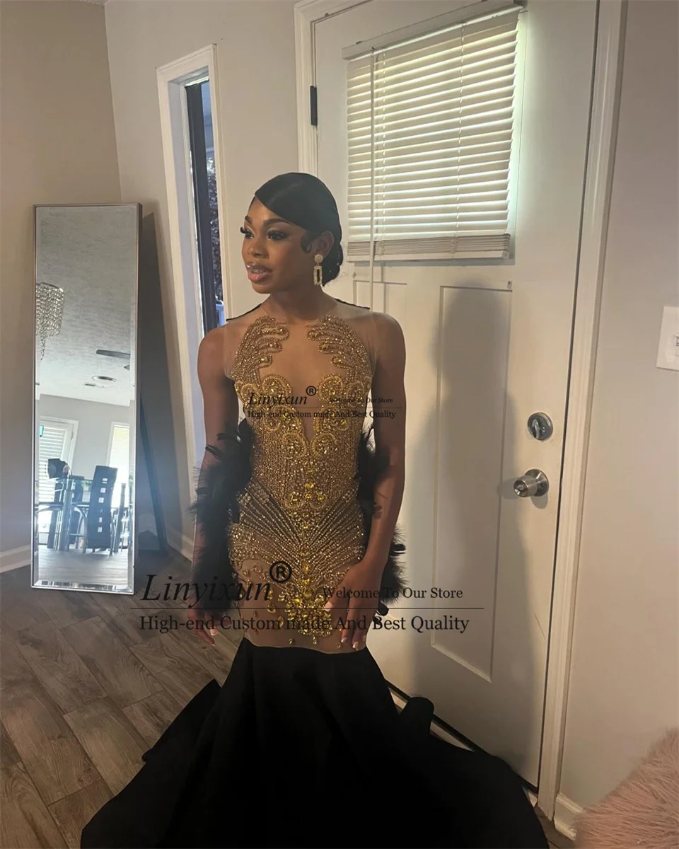 Luxury Diamonds Long Prom Dresses Customized Sparkly Beads Rhinestone Crystal Feather Gown For Black Girls Birthday Party Gown