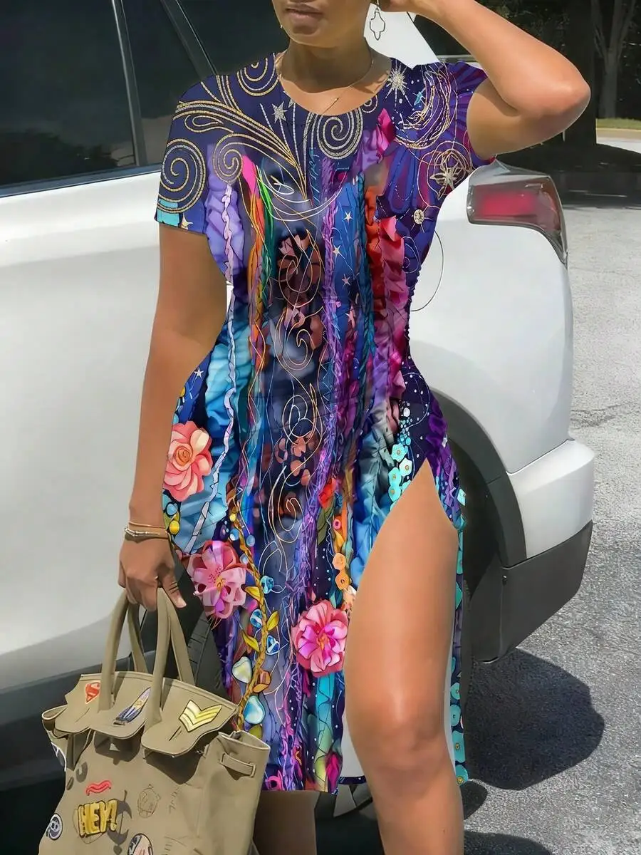 

Womens Midi Dress With High Slit Colorful Floral Cosmic Swirl Print Short Sleeve Fitted