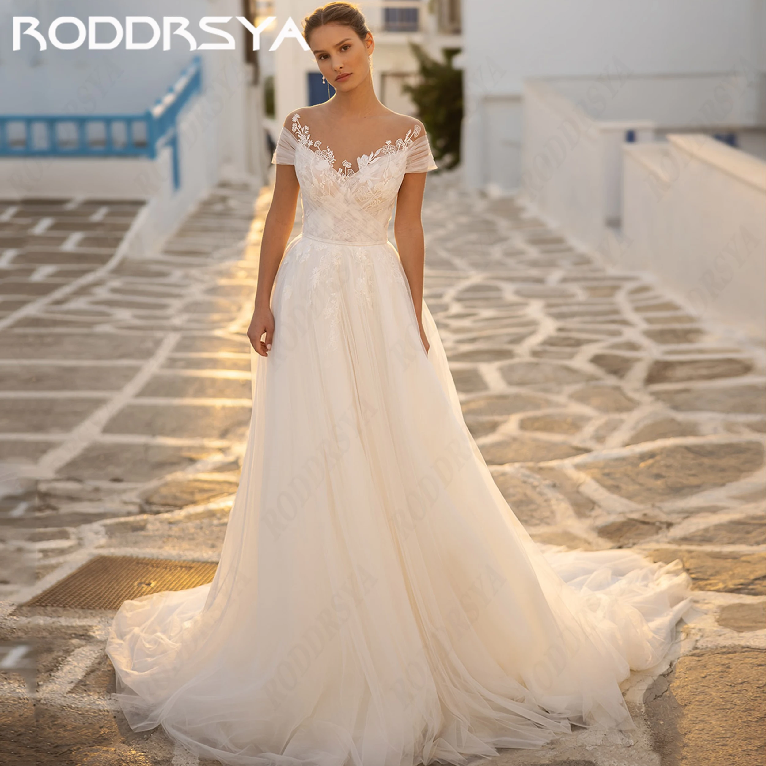 RODDRSYA Illusion Lace Applique Bridal Dress Pleated Tulle Short Sleeve Wedding Dresses For Women Custom Made A Line vestidos