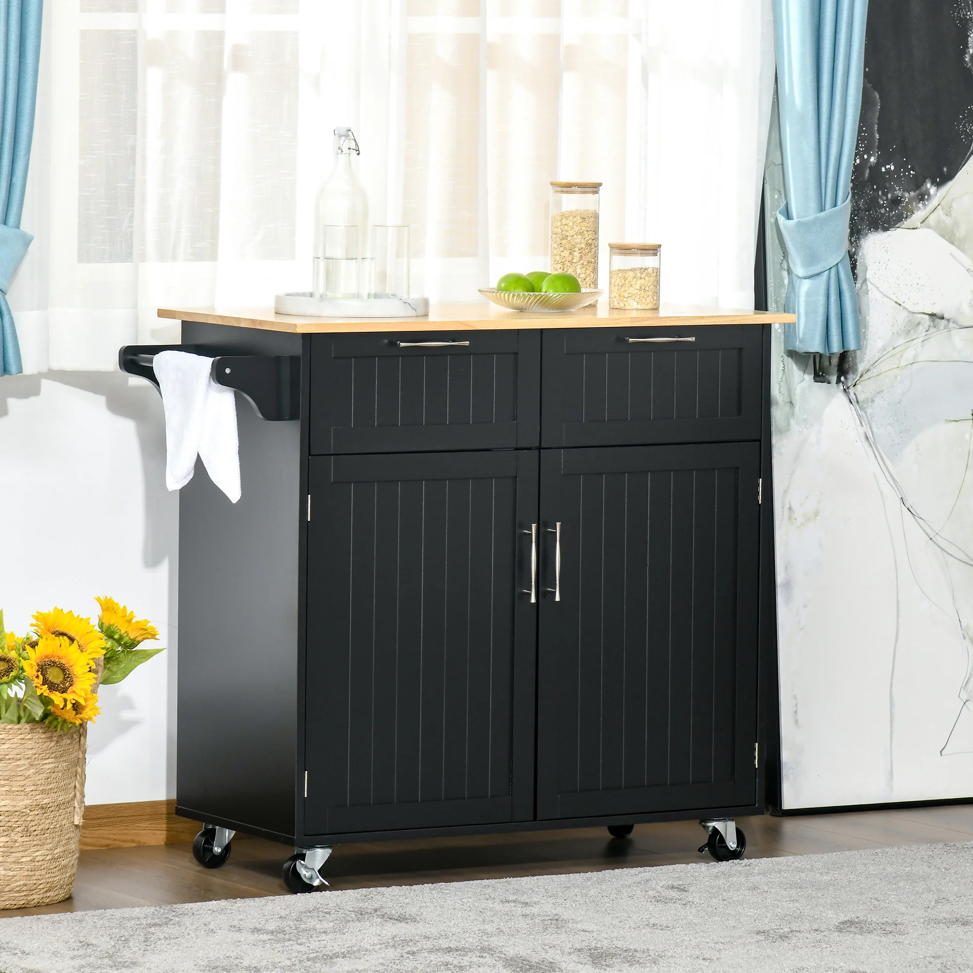 HOMCOM Carro de Cocina con Ruedas 2 Cajones 2 Puertas 104x46x91 cm Negro