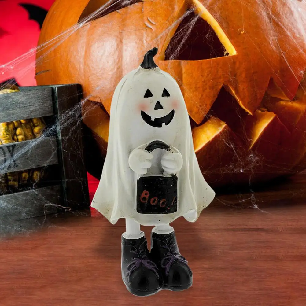 Resin Ghost Sculpture Spooky Halloween Ghost Figurine Set with Trick or Treaters Candy Bags Resin Little Ghost for Holiday