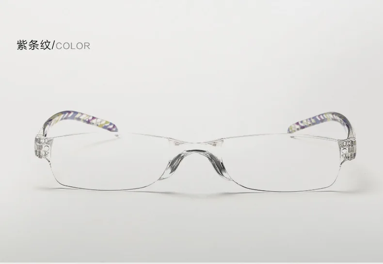 +1,0 ~ +4,0 Tragbare Weitsichtbrille Unisex Ultraleichte Lesebrille Rahmenlose Lesebrille aus Kunstharz mit halbem Rahmen – Detail 8