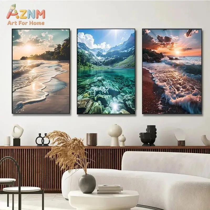 AZNM Natural Scenery Canvas Poster Frameless Wall Art Mountain Wildflower Lake Waterfall Forest Ocean Valley Sunset Landscape Pr