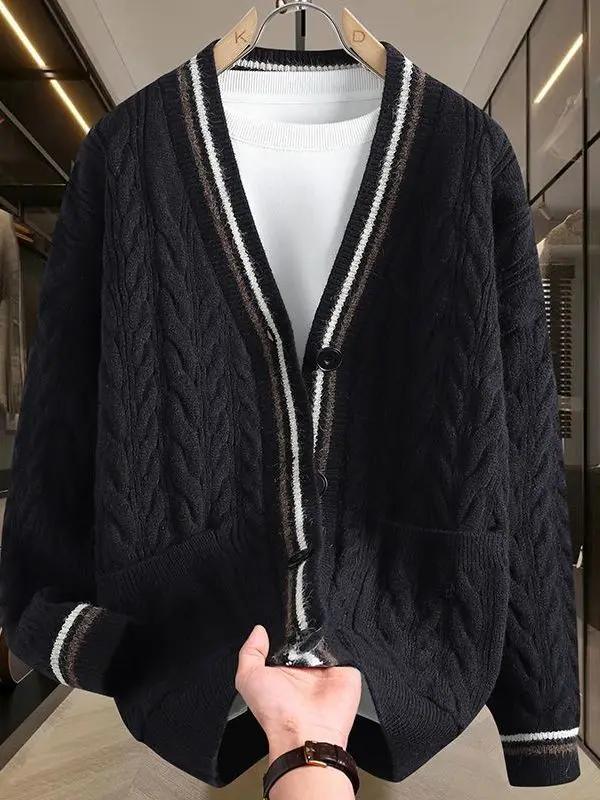 

High-End Open Cardigan Sweater Knitted Jaet Lazy Twist New Sle Men's Loose Fit Long Sve V-Ne Warm Casual Knitwear