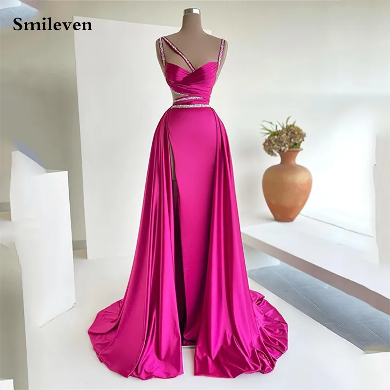 

Smileven Design Hot Pink Mermaid Evening Dresses Sexy Beading Pleats Party Dress High Side Split Cocktail Gowns Plus Size 2023