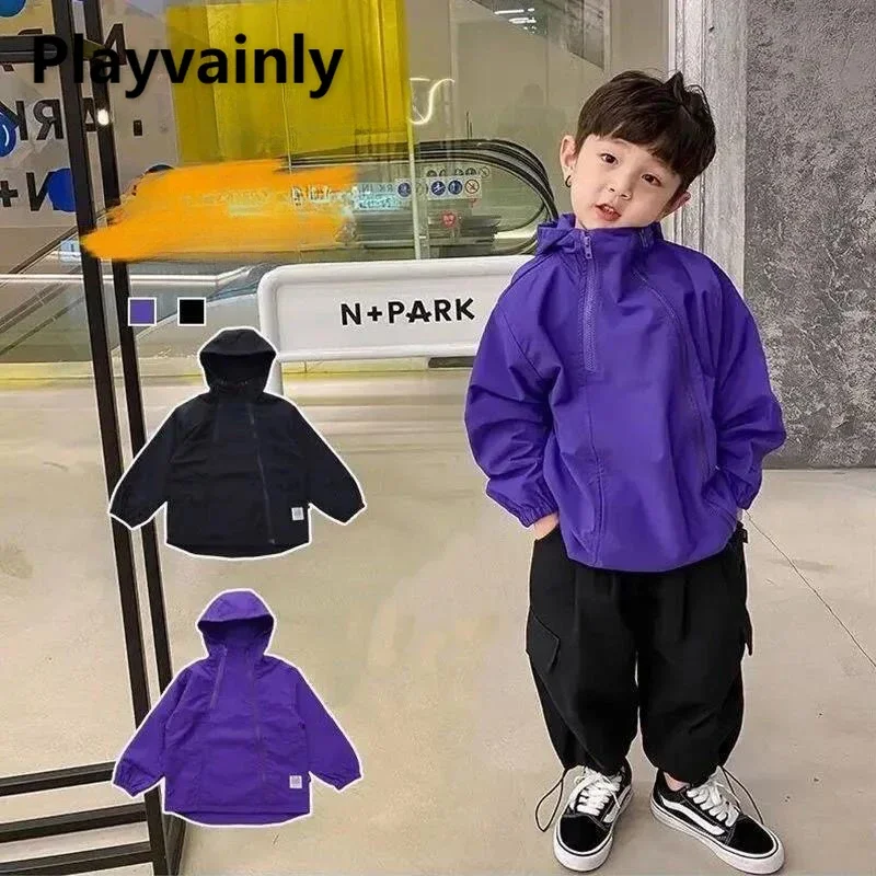 

Autumn New Kids Baby Boys Black Purple Full Sleeve Hooded Diagonal Zipper Interchange Jacket Children Outdoor Jackets A22811