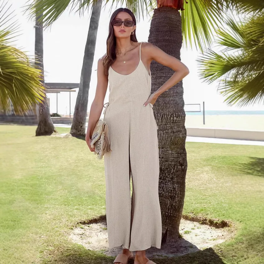 

Uoozee 2026, новый летний женский однотонный льняной комбинезон на тонких бретельках с v-образным вырезом и широкими штанинами, повседневный свободный комбинезон для отпуска