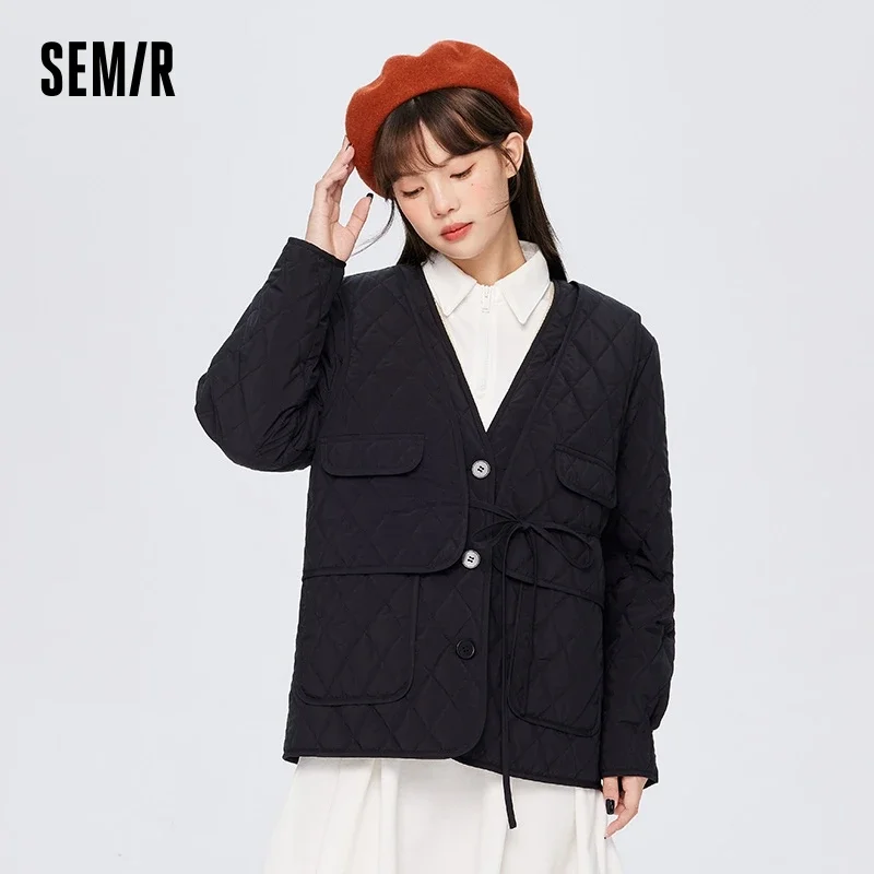 

Semir Cotton Coat Women Mid-Length Black Loose Plus Velvet 2023 Winter Top V-Neck Rhombus Light Jacket