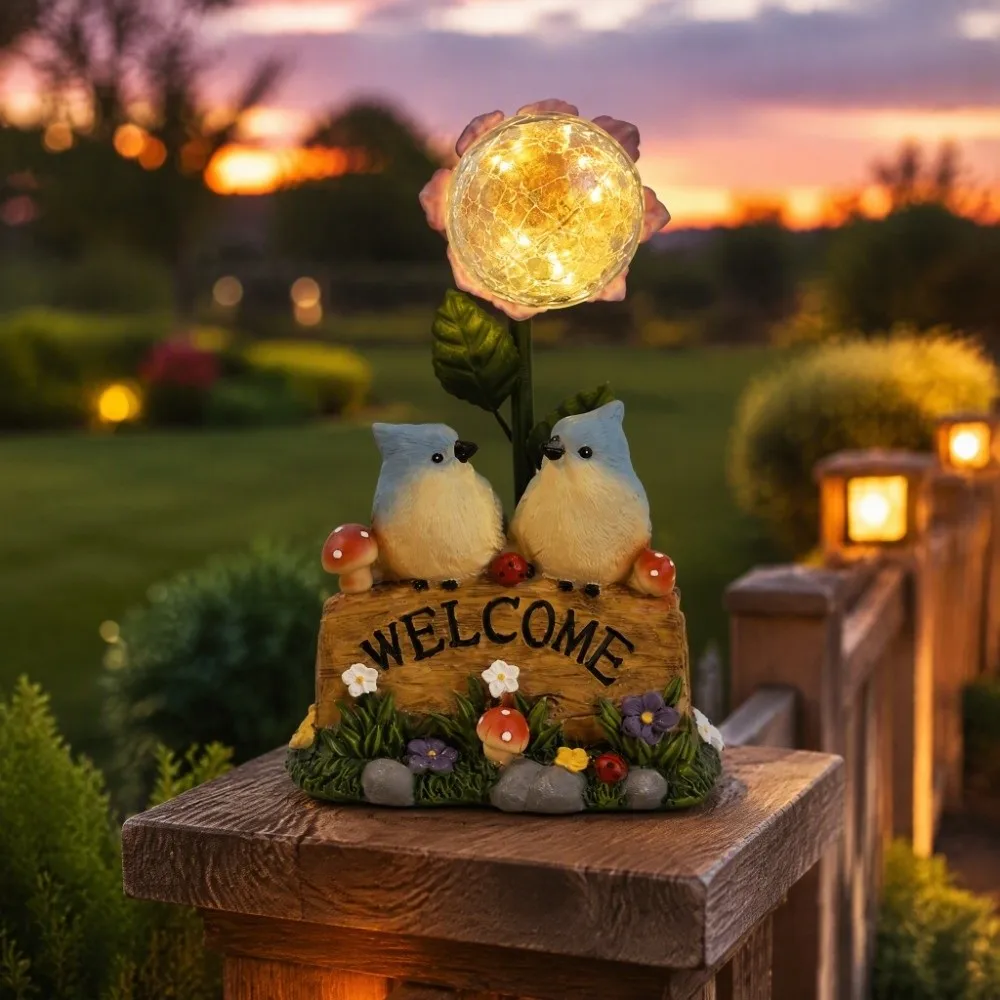 Solar Powered Garden Welcome Sign Warm Light Durable Resin Bird Figurine Creative Design No Wiring Needed