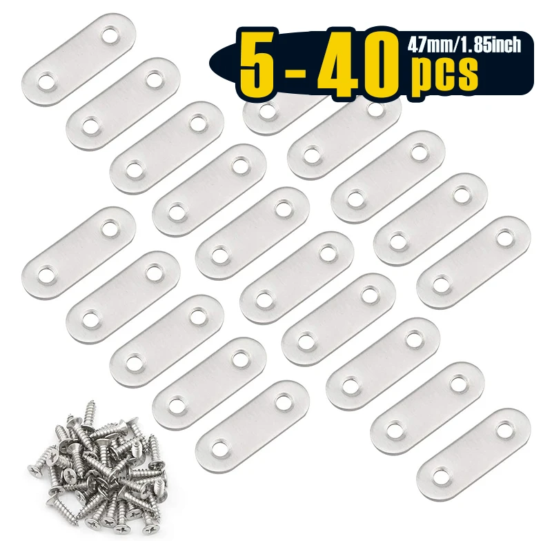 5-40pcs 1.85 inch(47mm) 2 Holes Stainless Steel Flat Mending Repair Plate Bracket Connector, Flat Straight Brace Fixing