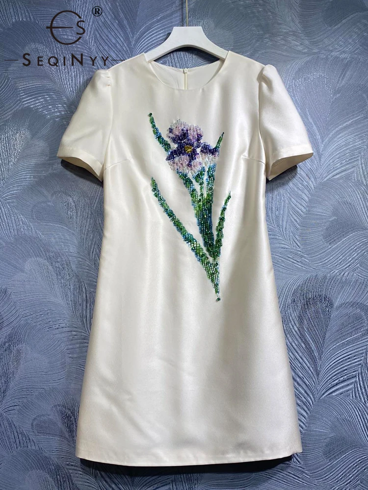 

SEQINYY Beige Mini Dress for Women Runway Short Sleeve Vintage Flower Beading Casual Slim New Fashion Design Spring and Summer