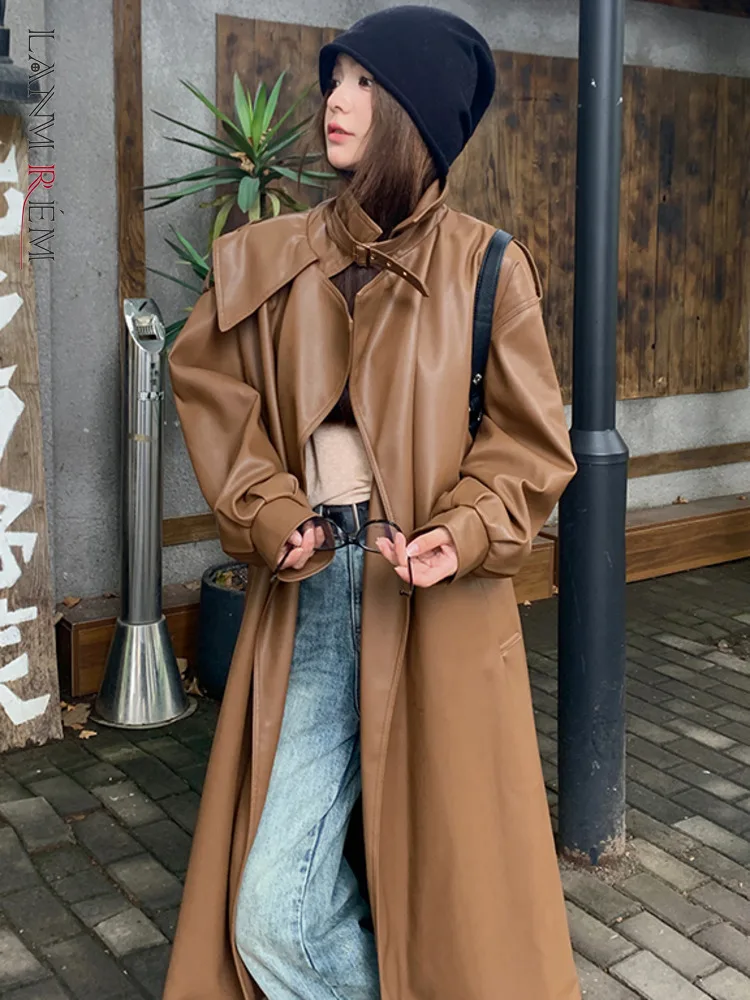 LANMREM Long Leather Coat For Women High Street Lapel Collar Belt Gathered Waist Clothing Fashion 2024 Autumn New 2DB1021