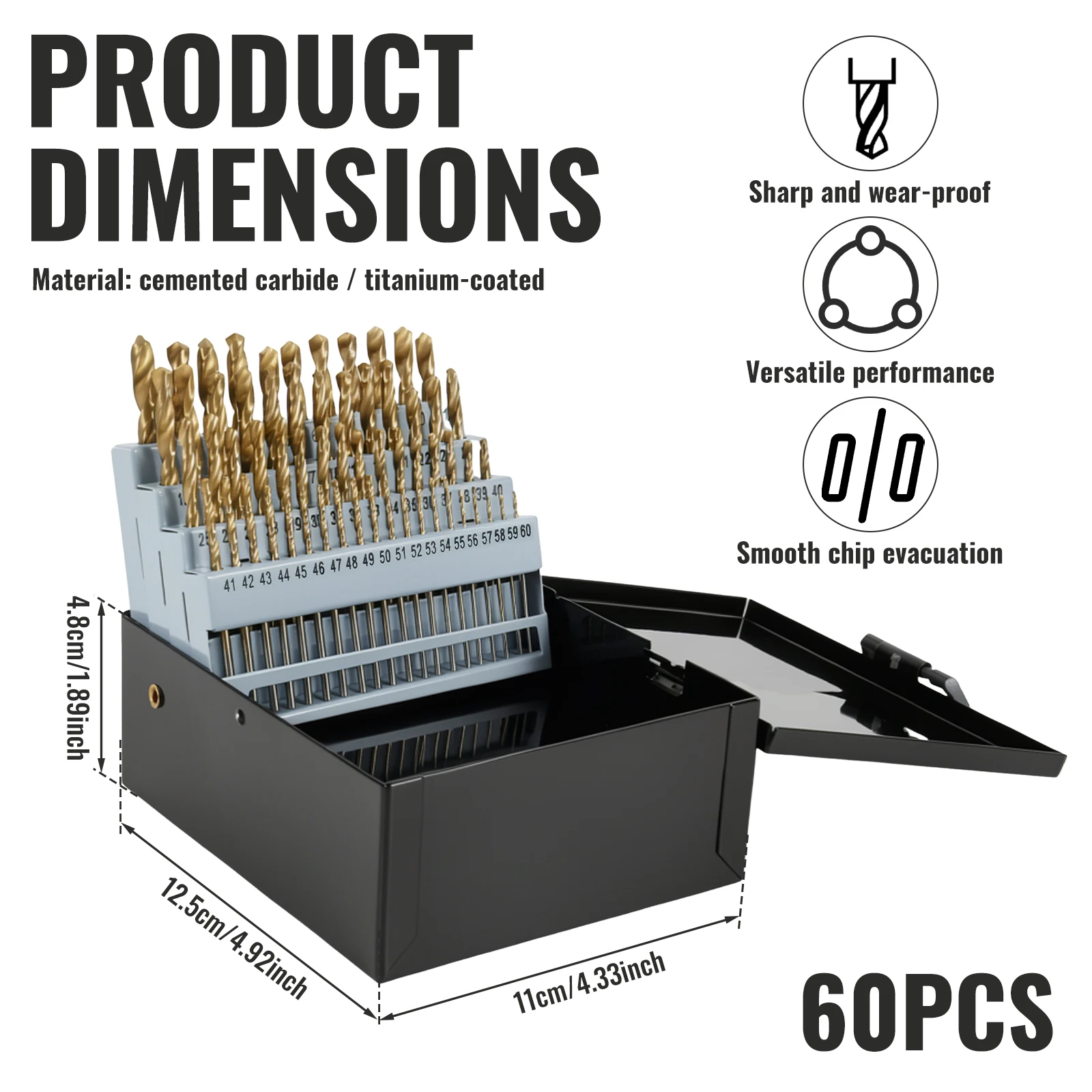 60Pcs Titanium Coated Carbide Twist Drill Bit Set 1-60 Numbered Straight Shank 135 Split Point For Woodworking Metal Drilling