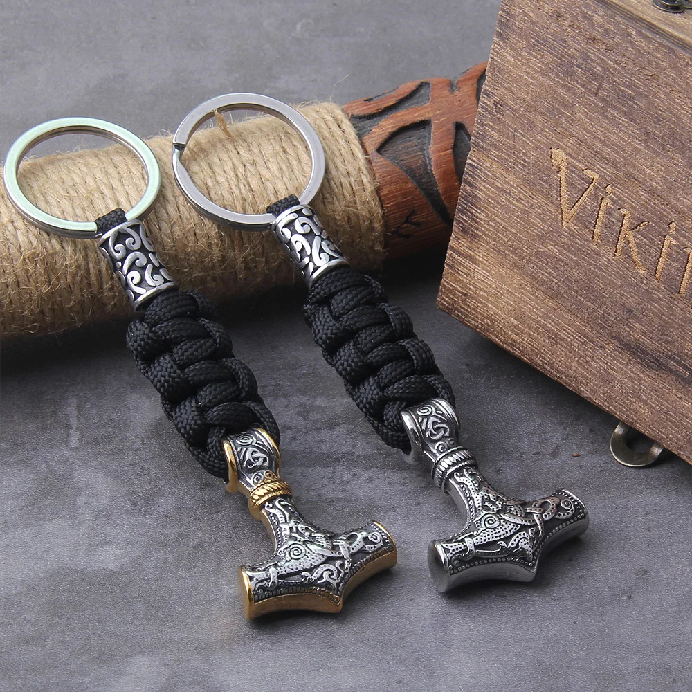 Never fade stainless steel Nordic Viking Thor Hammer pendant with rune beads keychain with wooden box as gift