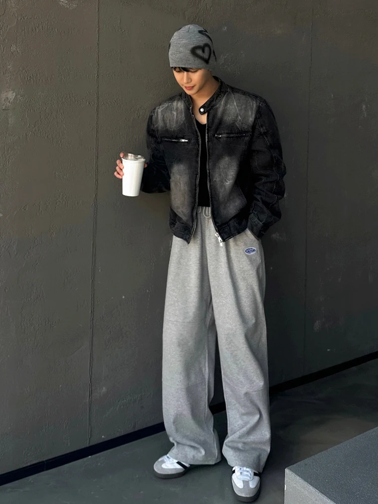 SYUHGFA High Street Men's Short Denim Coats Stand Collar Solid Color Loose Zipper Washing Male Jackets 2025 Spring Korean Style