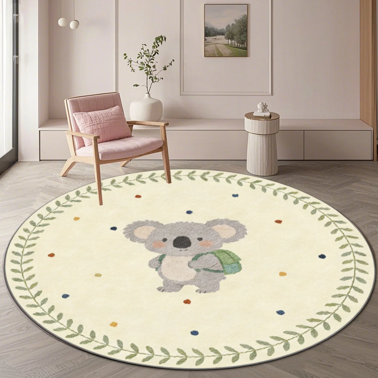 Cute Koala Bear Nursery Round Area Rug Boho Kids Living Room Floor Mat Polyester Pet Friendly Hypoallergenic Indoor Decor Soft D
