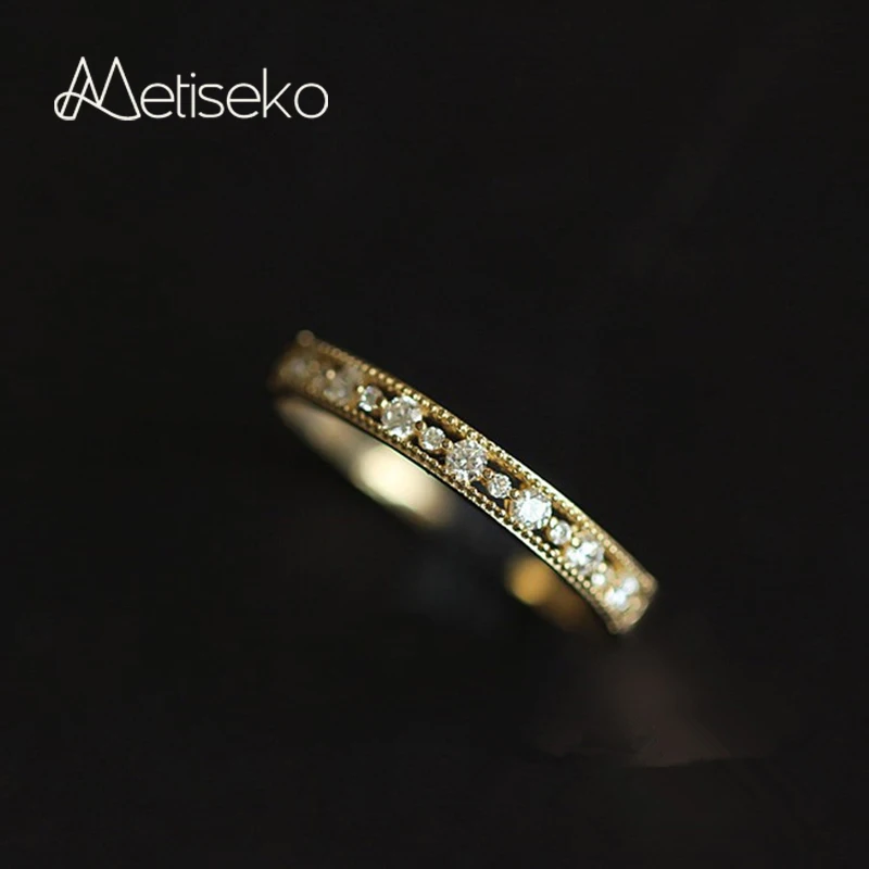 

Metiseko 925 Sterling Silver Plating 14K Gold Ring Retro Simple Pavé Zircon Hollow Ring Light Luxury for Women Engagement Party