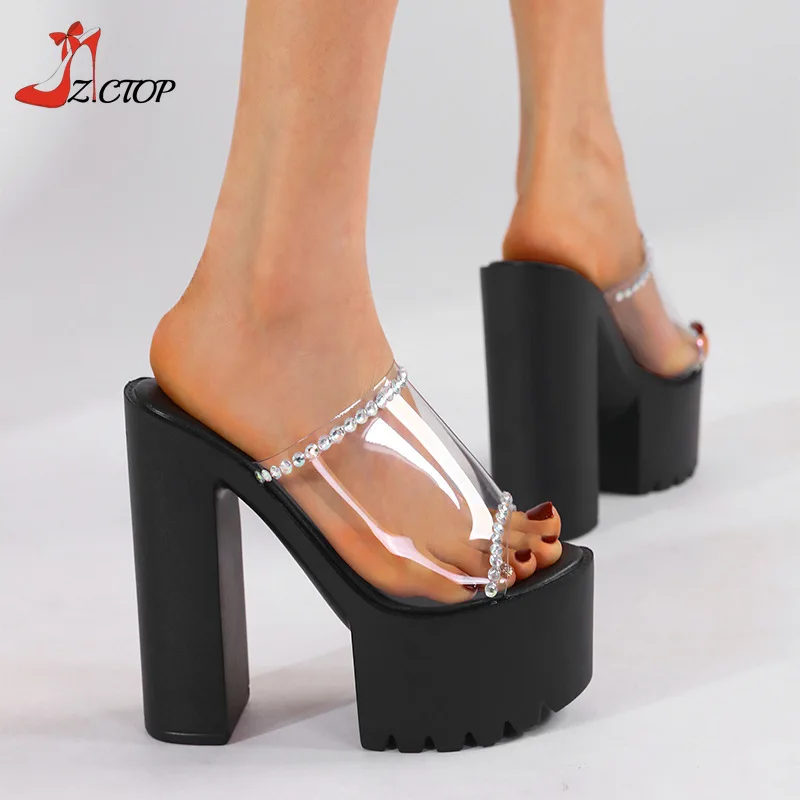 14cm Ultra High Heel Platform Transparent Rhinestone Sandals for Women Chunky Heel Women's Summer Pumps Slip-On Heeled Slippers