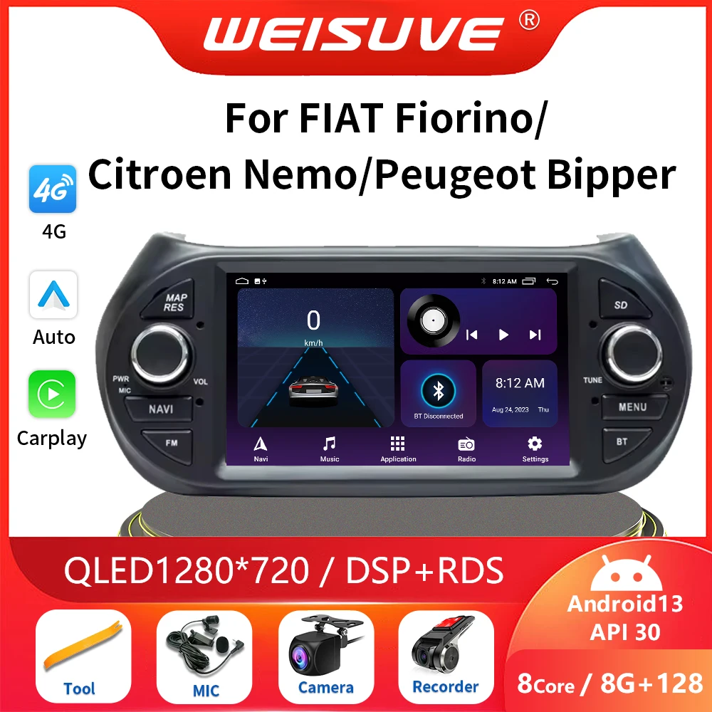 

Android 13 Auto Car Radio Multimedia Stereo for Fiat Fiorino Citroen Nemo Peugeot Bipper Navigation Player GPS Carplay 4G DSP BT