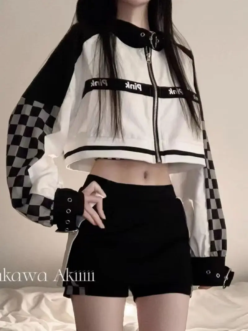 Harajuku plaid Loose Jackets Top Women 2023 Spring and Autumn y2k new jacket sweet cool spicy Girl Motorcycle Design goth Coat