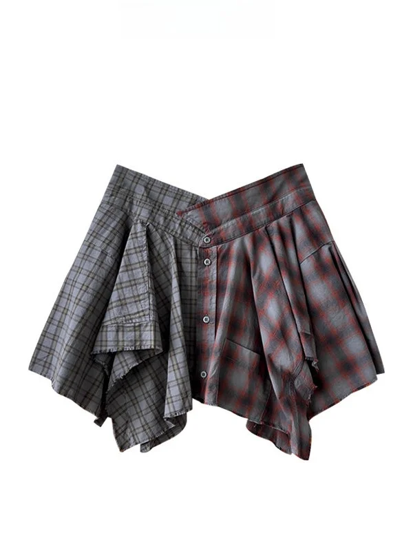 

Fashionable Patchwork Plaid Shirt And Asymmetric Skirt Set High Waist Non-conformist Design for Young Women