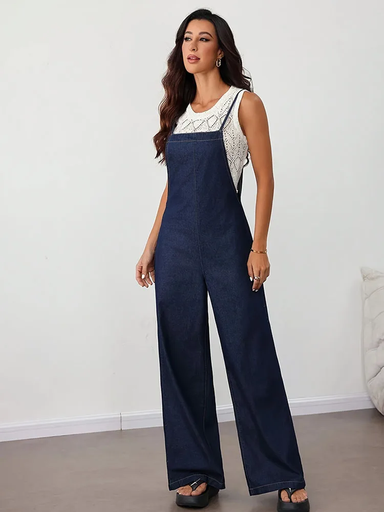 Casual Retro Dark Blue Denim Jumpsuits for Women American Style Simple High Waist Wide Leg Jeans Fashion Lace Up Loose Overalls