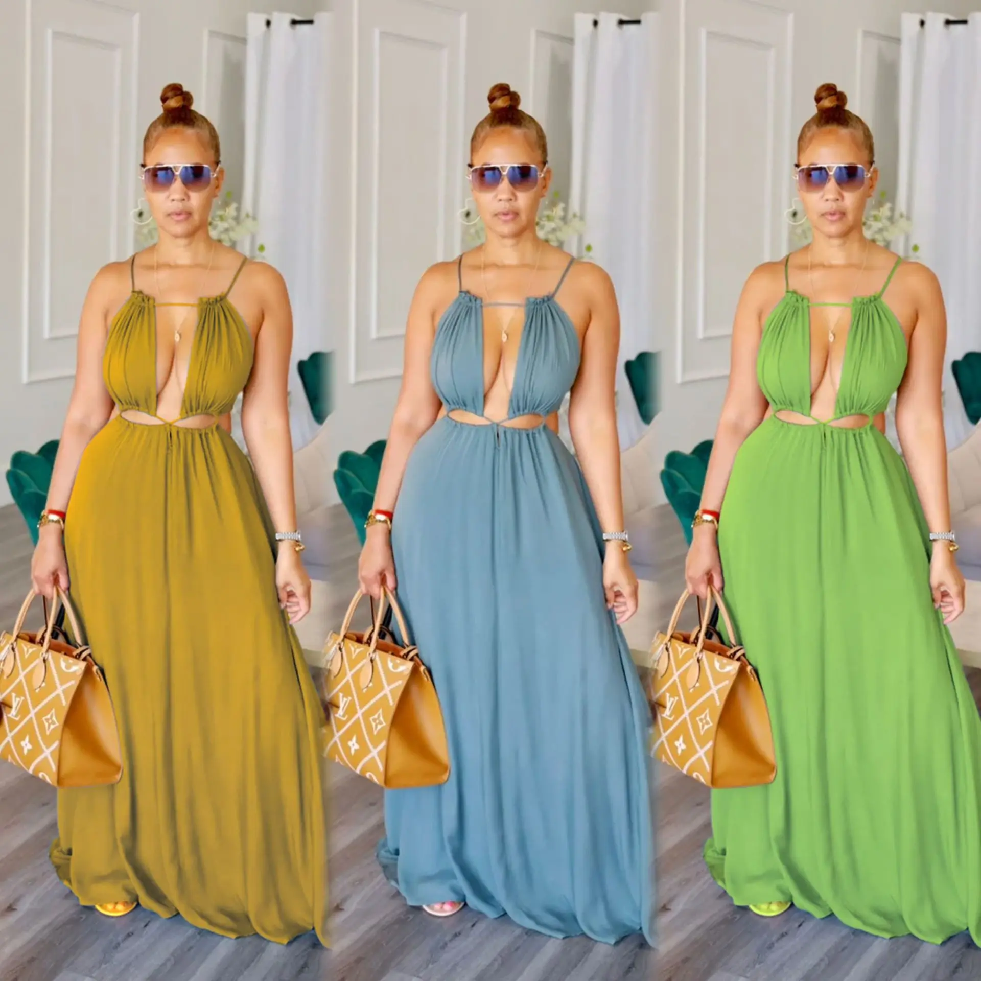 

European and American women's sleeveless hollow-out backless long dress, solid color jumpsuit