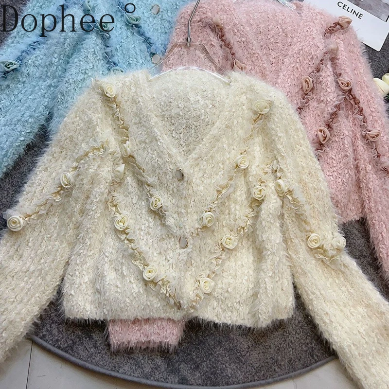 

3d Flowers Mink Fur Knitting Shirts for Women All-match Autumn Winter Loose Sweater Elegant V-neck Cardigans Top Solid Color