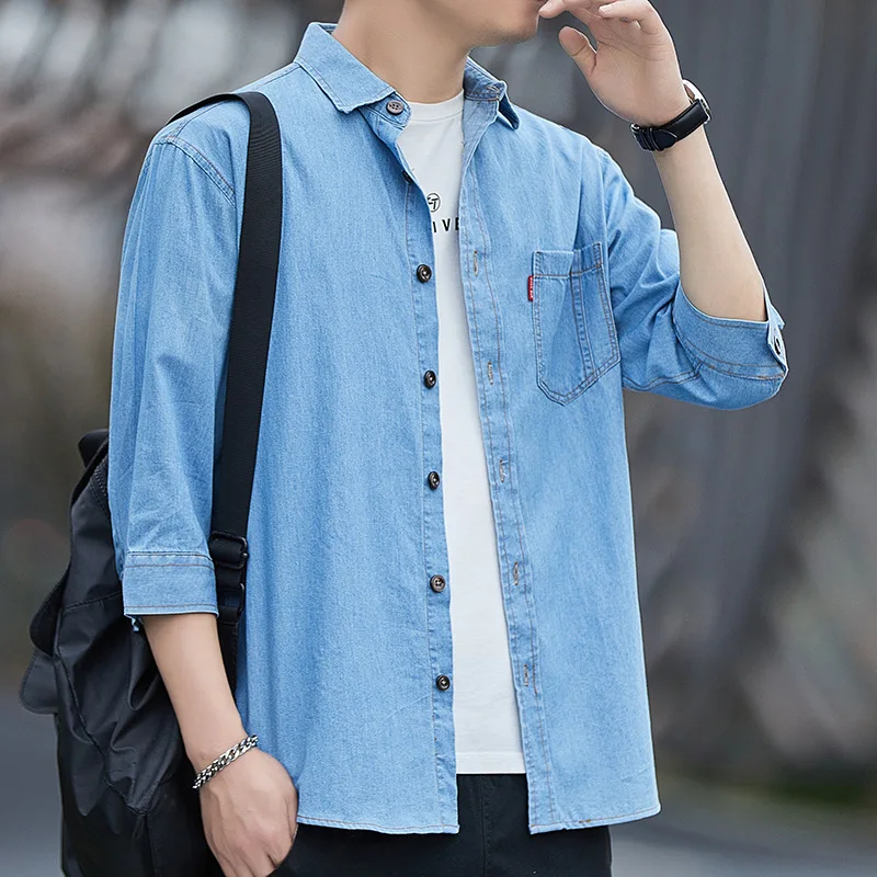 2023 Spring New Men\'s Short Sleeve Denim Shirts Autumn Korean Trend 100% Cotton Loose Casual Shirt Male Classic Thin Jean Jacket