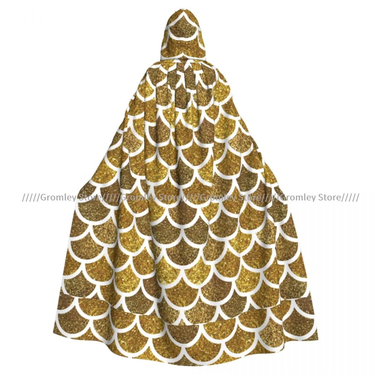 Unisex Halloween Cloak Golden Mermaid Scales Glitter Fish Scales Cape Hooded Medieval Costume Witch Wicca Vampire