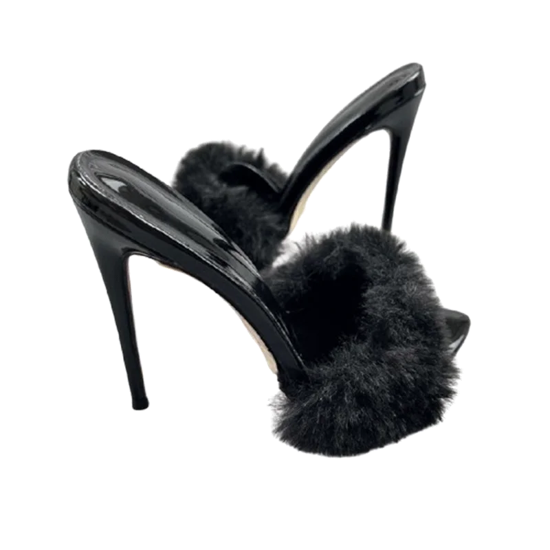 Customize Women Sexy Black Fur Pointy Toe Slipper Women\'s High Heels Sandal Stilettos OL Work Ladies Dress Shoes Plus Szie 45 46