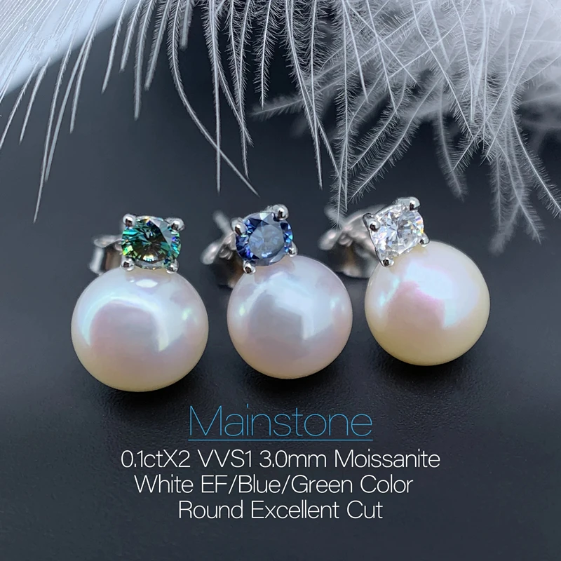 GIGAJEWE 3mm white color Round Moissanite and 7mm Freshwater Pearl 925 Silver stud Earring 18K Gold Plated Jewelry