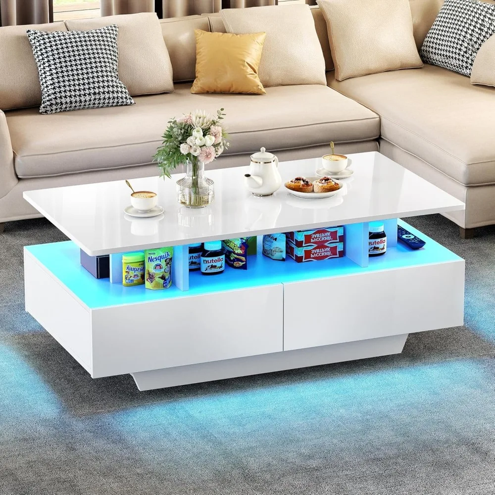 LED Coffee Table with Storage, High Glossy LED Coffee Tables for Living Room, Small Center Table with Open Display Shelf & Slid