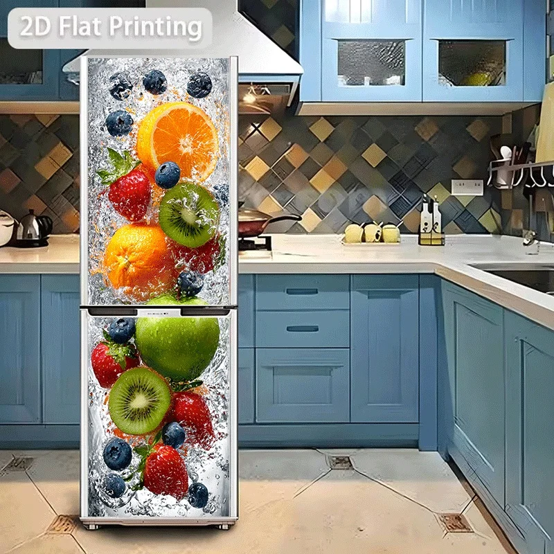2D Pattern Printing Refrigerator Sticker 60x180cm, Refrigerator/Dishwasher Sticker, Fresh Fruit Bathing in Water, Colorful Fre