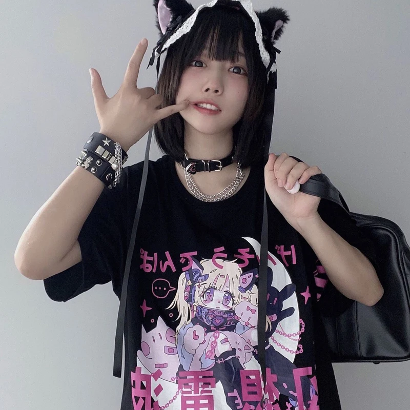 女性用黒ゴシックTシャツ,夏,アニメ,漫画,日本のストリートウェア,原宿,カワイイ,カジュアル,ルーズフィット,トレンド2022