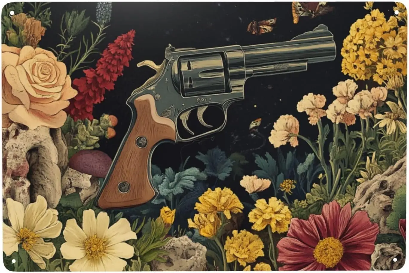 Pistol Among Flowers Metal Tin Sign,Vintage Wall Art for Artistic Scene,for bar,man cave,office,garage,Nostalgic Decor arti sign