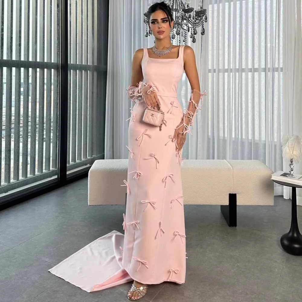 

Formal Evening Dresses Jersey Sheath/Column Party Dress Pink Square Neck Bows Watteau Train Gloves Included Prom Dress Long 2025