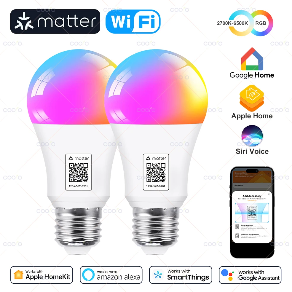 Imagem -01 - Lâmpada Led Inteligente Coolo-matter Rgb E27 Wi-fi Smart Home Funciona com Alexa Google Home Apple Home Homekit Smart Things Siri lampada led inteligente coolo matter rgb e27 wi fi smart home funciona com alexa google home apple home homekit smart things siri 01