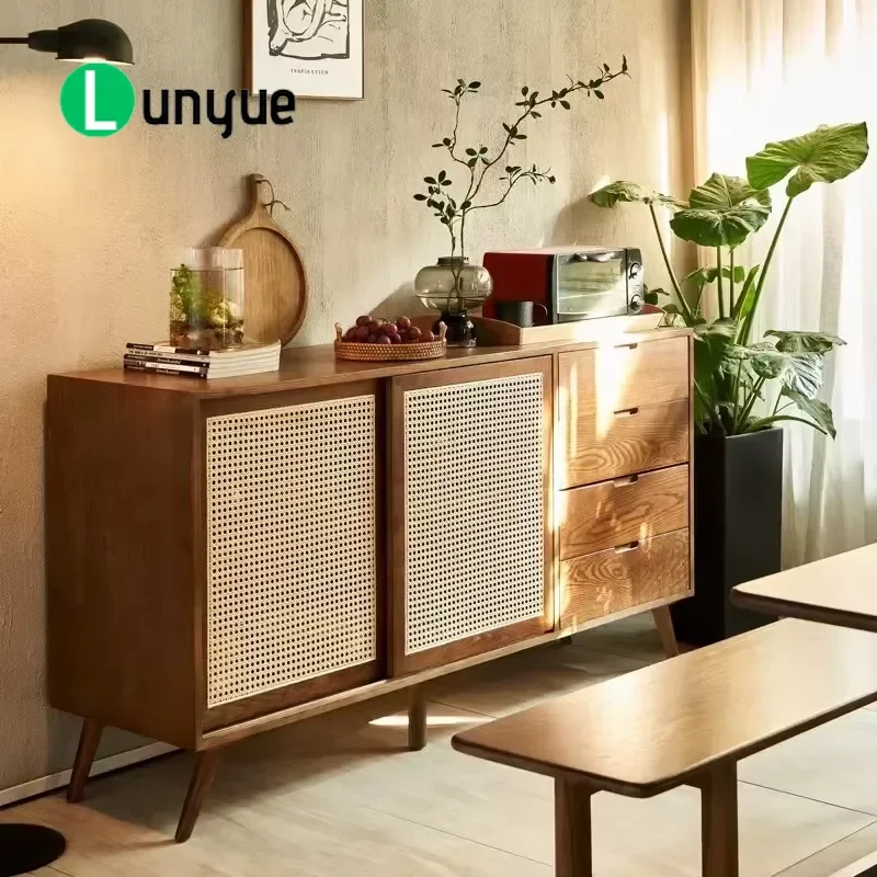 Modern Japanese Rattan Side Cabinet Nordic Multi-functional Living Room Storage Locker with Drawer Home Furniture