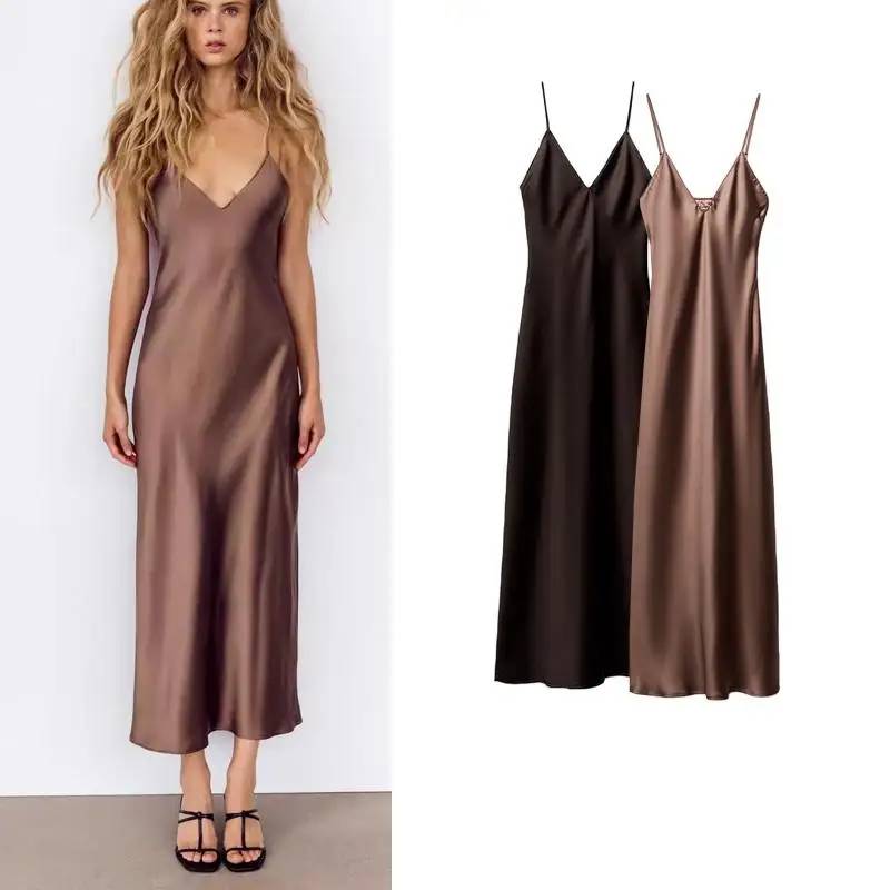 Spring New Arrival Women's Long Silk Satin V-ne Midi Dr Street Sle  Color l Waist Regular Sve Summer Dr