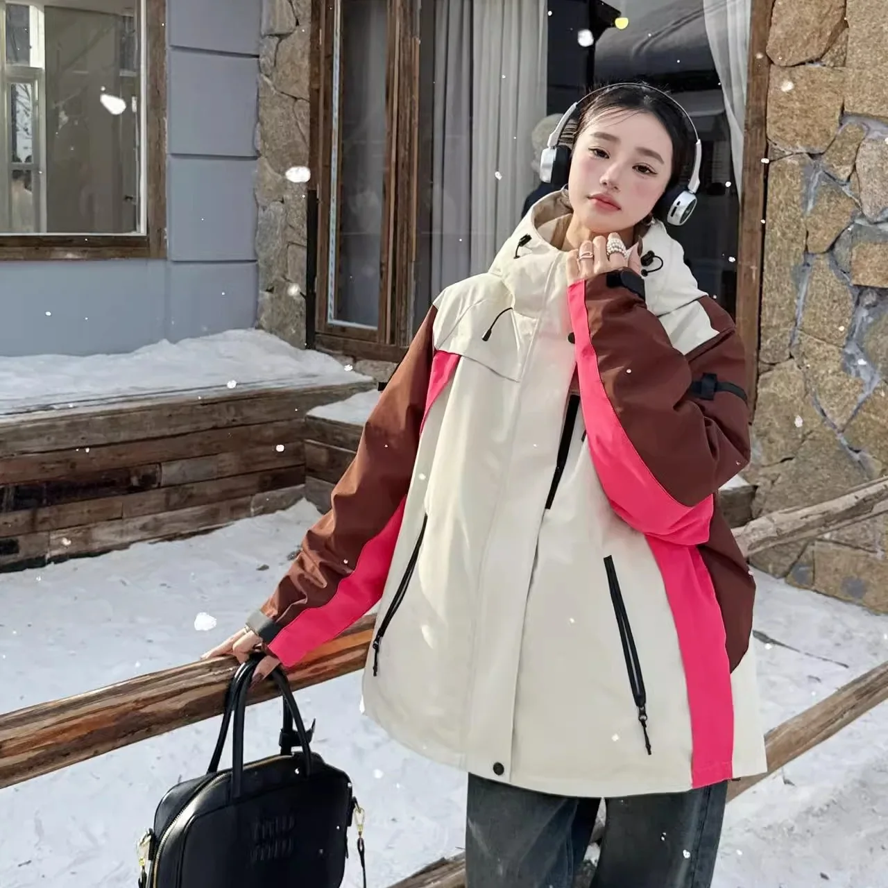 

Winter Patchwork Hooded Workwear Down Jacket Women White Duck Down Casual Jackets Female Zipper Double Pocket Parker Outwears