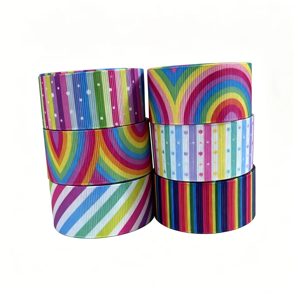 50yards Rainbow Stripe Printed Grosgrain Ribbon Accessories fo Hairbow DIY Sewing Craft Decoration