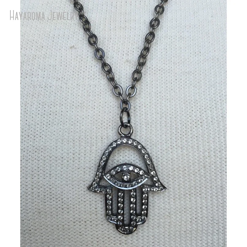 10Pcs Pave White Topaz Oxidized Black Hamsa Pendant with Evil Eye Center on Oxidized Necklace Gunmetal Chain