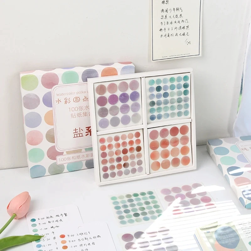 25/100 Sheets Watercolor Polka Dot Sticker Journaling Accessories Scrapbooking DIY Color Label Washi Sticker Stationery Gift