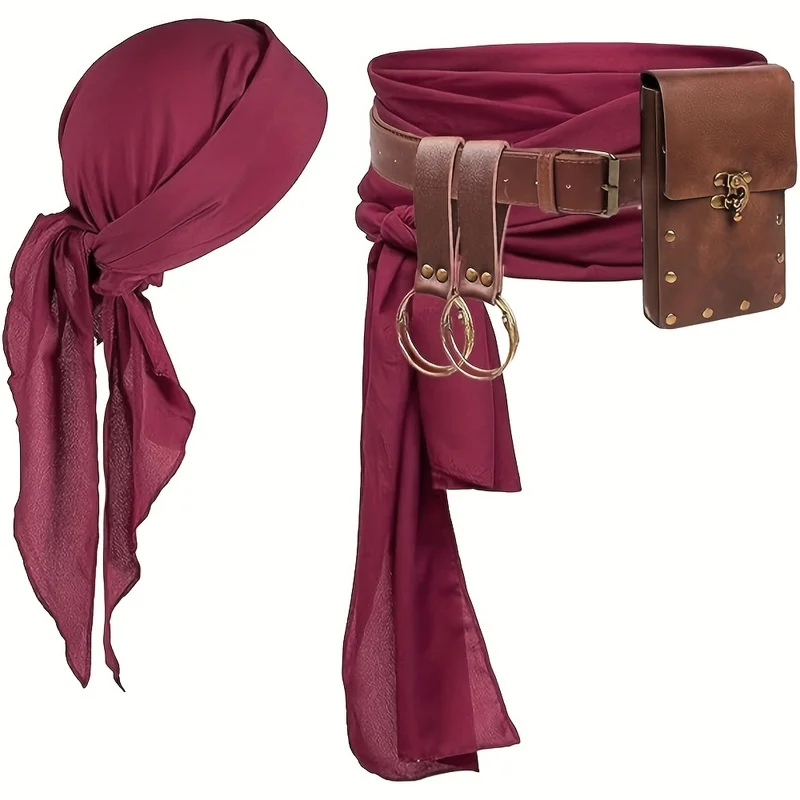 Elegant Pirate Costume Accessory Set with PU Leather Waist Belt, Coin Purse, and Head Wrap for Festive Occasions – Hand Washable