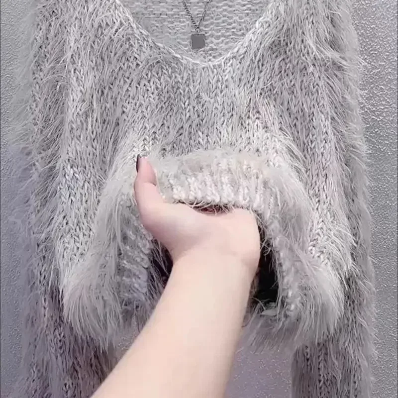 Autumn New Short Mink Sweater Women Versatile Loose V-neck Mohair Knit Pullover Soft Wool Casual Womens Clothing