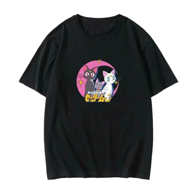 Sailor Moon Luna Katzen-T-Shirt für Männer und Frauen, lässiges O-Ausschnitt-Kurzarmshirt, Kawaii-Cartoon-Streetwear-Paar-Oberteile