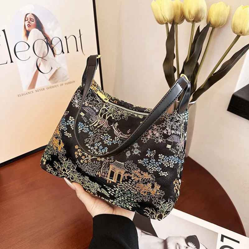 

Sense of Luxury Solid Oxford zipper Exquisite Flowers Embroidery Shoulder Bags Grace Chinese Style Women's Handbags 2025 New