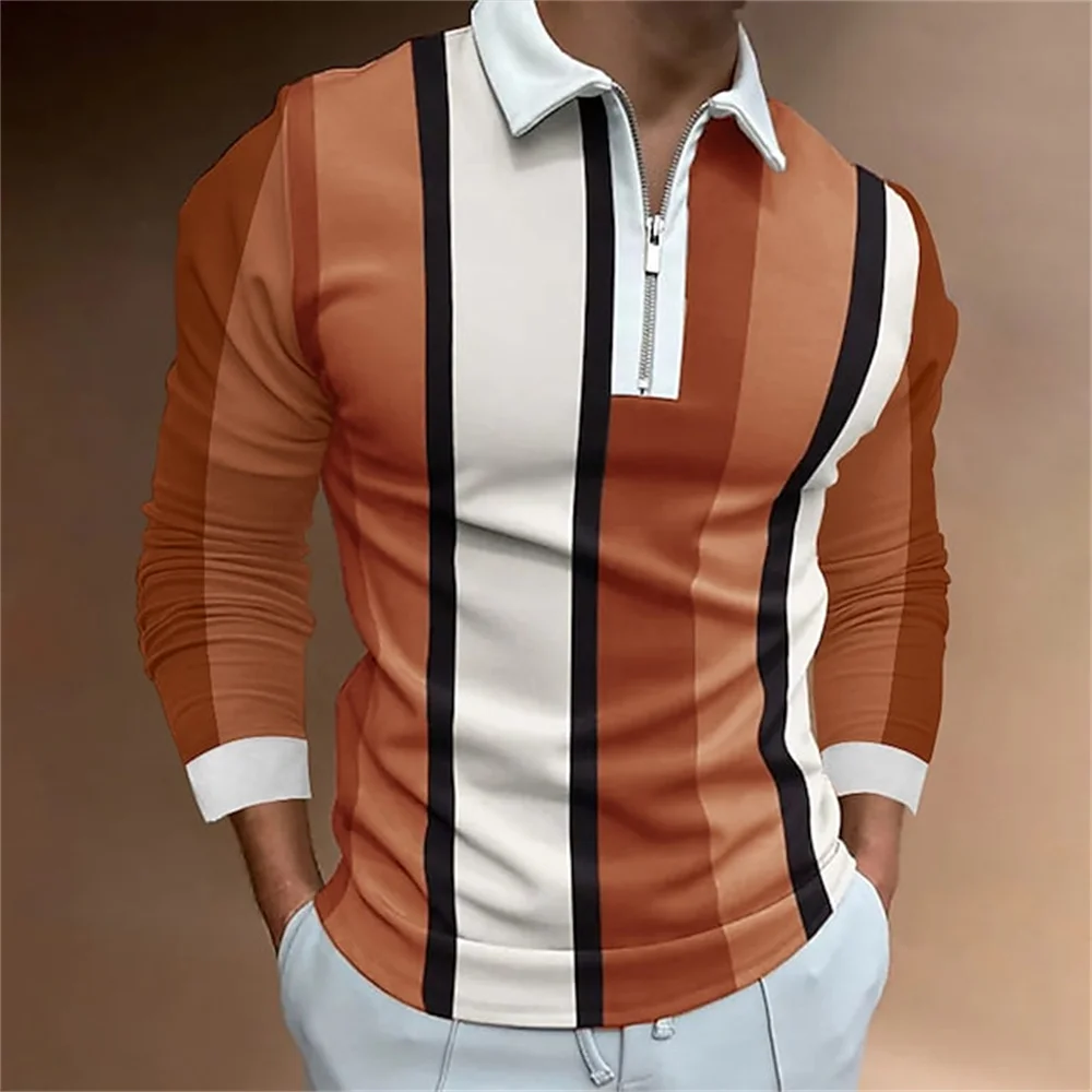 2024 Golf Wear Men Striped Print Microelastic Lapel Polo Shirts Men Top Porosity Fashion Zipper Long Sleeve T Shirt Men Clothing