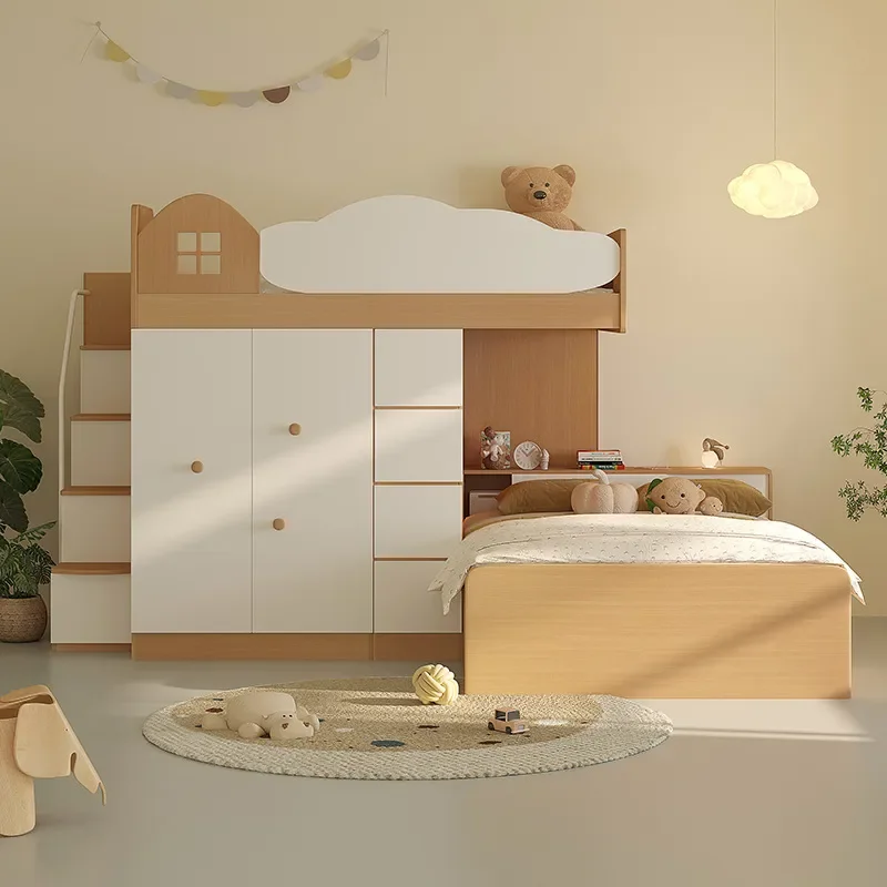 Staggered Upper and Lower Beds with Wardrobes Small Apartment Child Mother Bed Children's Bed Dislocation Type High Bunk Bed